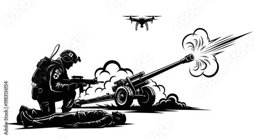 Soldier firing artillery drone surveillance war combat battlefield