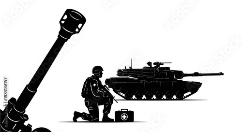 Soldier Kneeling Beside Tank with First Aid Kit, Artillery Gun Foreground