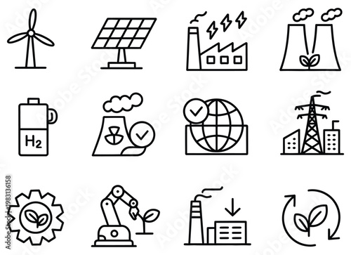 Low carbon industries line icon set including wind turbine, solar panel, electric factory, green energy plant, and hydrogen fuel cell, symbols representing sustainable industry and clean energy