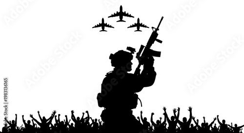 Soldier Silhouette with Fighter Jets and Cheering Crowd