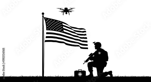 Soldier Kneeling Beside US Flag with Drone Overhead