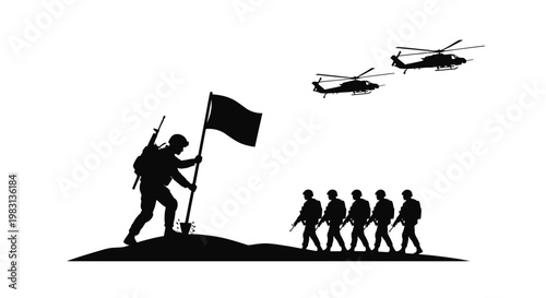 Soldier Planting Flag on Hilltop with Helicopters and Troops, Military Victory Concept