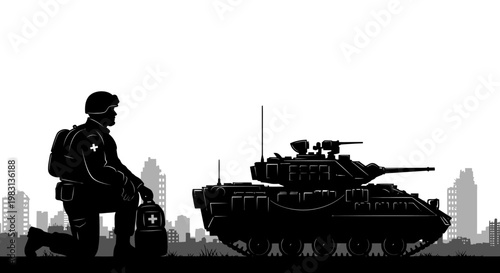 Soldier Kneeling with Medical Kit Beside Tank in Ruined City Silhouette