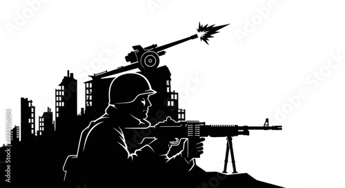 Soldier with Machine Gun in Ruined Cityscape, Artillery Firing