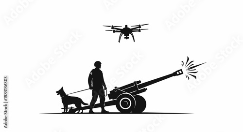 Soldier with Dog and Drone Over Artillery Gun Firing