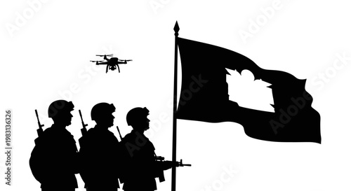 Soldiers with Drone and Flag Silhouette