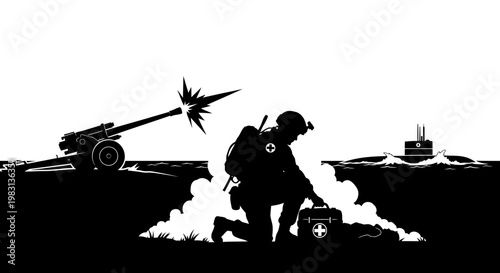 Soldier with First Aid Kit, Artillery Firing, Submarine on Water - Military Action Scene