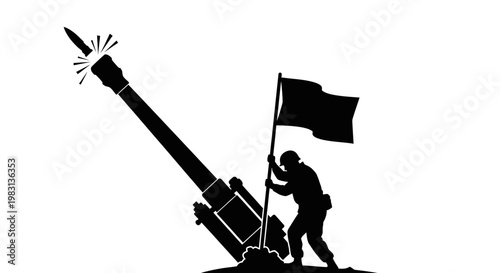Soldier with Flag and Artillery Cannon Silhouette
