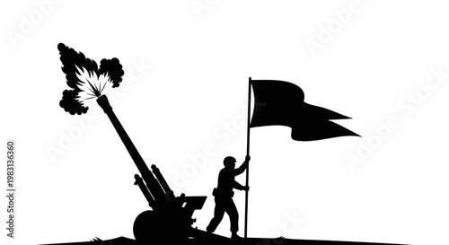 Soldier with Flag and Firing Cannon Silhouette - Military Power and Victory Concept