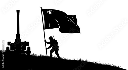 Soldier with Flag and Artillery Silhouette on Hilltop