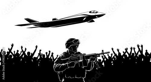 Soldier with gun and fighter jet over crowd, symbol of conflict and control