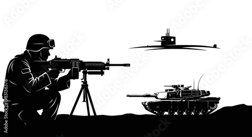 Soldier with machine gun aiming at tank and submarine silhouette, military concept