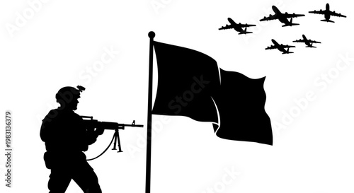 Soldier with Machine Gun and Fighter Jets Flying Over Waving Flag Silhouette