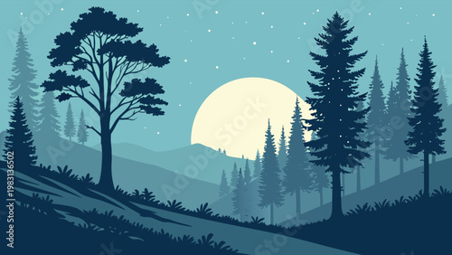 Mysterious Moonlit Forest Path with Silhouette Trees in Flat Vector Style
