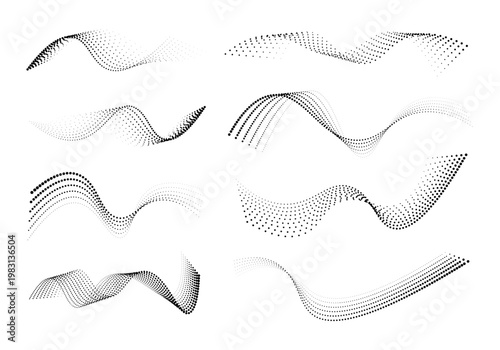 Dotted halftone set ocean wave png vector illustration. Soft flowing particle waves create dynamic motion effect. Clean abstract background for modern digital design.