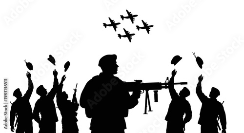 Soldiers Celebrating Victory with Airplanes Flyover and Hats Tossed in the Air
