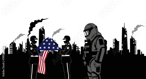 Soldiers Fold American Flag in Ruined Cityscape with Hazmat Suit Figure