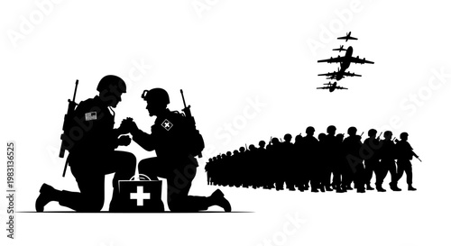Soldiers praying, medical kit, and air force planes, symbolizing hope and support