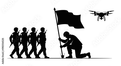 Soldiers Marching with Flag, Drone Overhead, Military Ceremony Silhouette