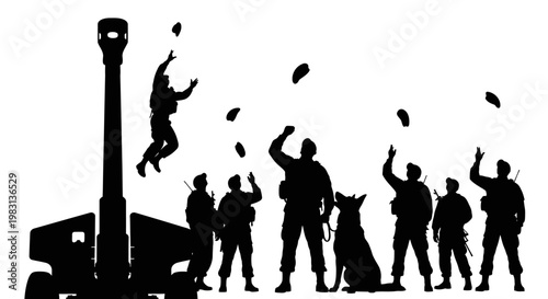 Soldiers Celebrate Victory with Joyful Jumps and Dog, Artillery Gun Silhouette