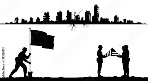 Soldiers Raising Flag in Ruined City Silhouette, Symbolizing Hope and Resilience