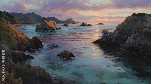 A serene coastal scene at sunset with rocky shores, calm turquoise waters, and distant islands under a vibrant.