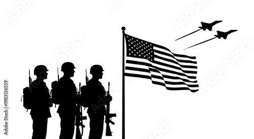US Soldiers, American Flag, and Fighter Jets in Silhouette - Patriotism and Military Power