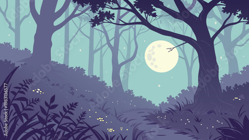 Mysterious Moonlit Forest Path with Silhouette Trees in Flat Vector Style