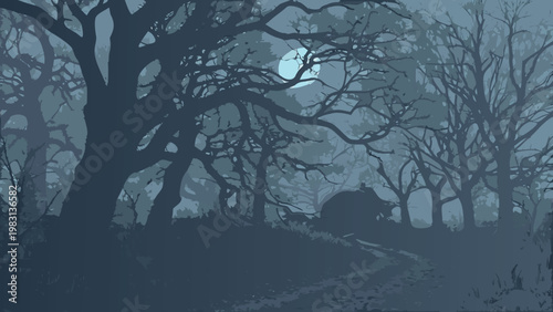 Mysterious Moonlit Forest Path with Silhouette Trees in Flat Vector Style