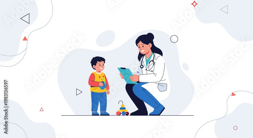 Doctor with Child Patient and Toy, Healthcare Illustration