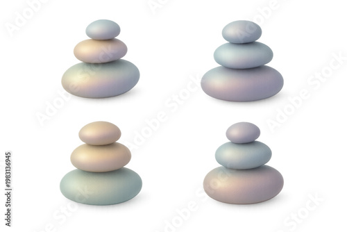A set of four Zen pebble stacks featuring a beautiful iridescent and pearlescent finish. These smooth, balanced stones glow with soft pastel hues of blue, violet, and gold, isolated 