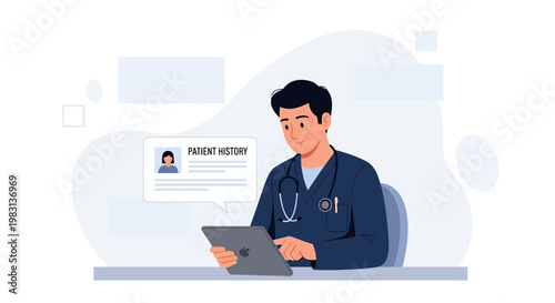Doctor Using Tablet for Patient History Review, Medical Technology Concept