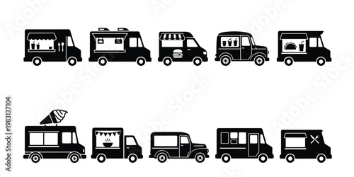 Black food truck icons set, 10 flat vector silhouettes of mobile street food vans, commercial catering vehicle collection for festival and menu design