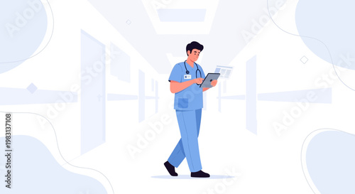 Doctor walking in hospital corridor with tablet, medical technology concept