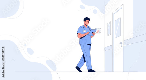 Doctor walking in hospital hallway with tablet, medical professional, healthcare concept