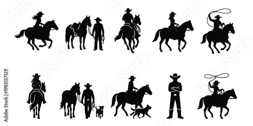 Cowboy and cowgirl silhouette collection, western horse riders set of 10 vector elements, equestrian ranch life icons with lasso and dogs