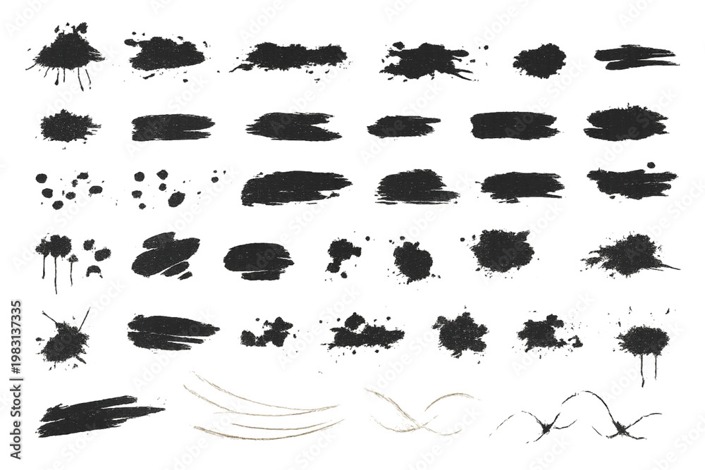 Fototapeta premium A versatile set of black ink splatters, artistic brush strokes, and textured paint blots on a white background. This collection features a variety of shapes, including drips, smudges, and fine line 