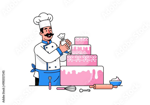 Chef decorates a pink fourtiered cake with white frosting using a piping bag