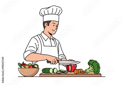 Chef in uniform chopping red bell pepper on a wooden board with vegetables