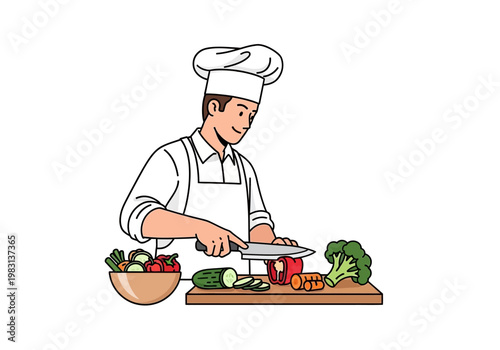Chef in white uniform chopping vegetables on a wooden cutting board