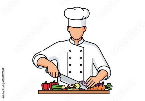 Chef in white uniform chopping vegetables on a cutting board