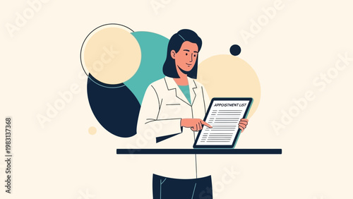 Doctor reviewing appointment list on tablet, modern abstract background