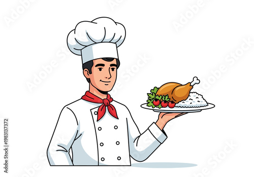 Chef in white uniform holding a platter with roasted poultry rice and garnish