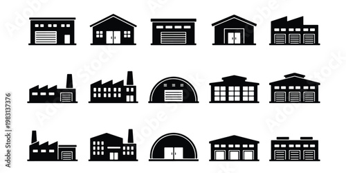 Industrial warehouse icons set, black factory building silhouettes, 15 vector elements for logistics and manufacturing, storage facility symbols