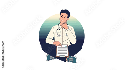 Doctor sitting cross-legged, holding clipboard, thinking about medical diagnosis