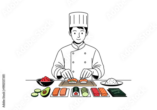 Chef preparing sushi with ingredients laid out on a counter