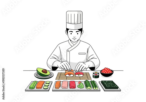 Chef in white uniform preparing nigiri sushi on a bamboo mat
