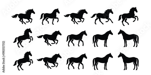 Black horse silhouette collection, set of 15 running and jumping stallion icons, wild mustang animal vector graphics for equestrian sports