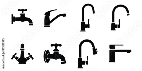 Modern water faucet icon set, black kitchen tap silhouettes, 8 bathroom plumbing fixtures for home renovation and interior design