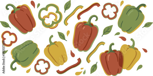 Colorful Bell Pepper Pattern with Red, Green, and Yellow Capsicum, Slices, and Leaves for Fresh Vegetable Design, Organic Food Packaging, and Healthy Lifestyle Concepts